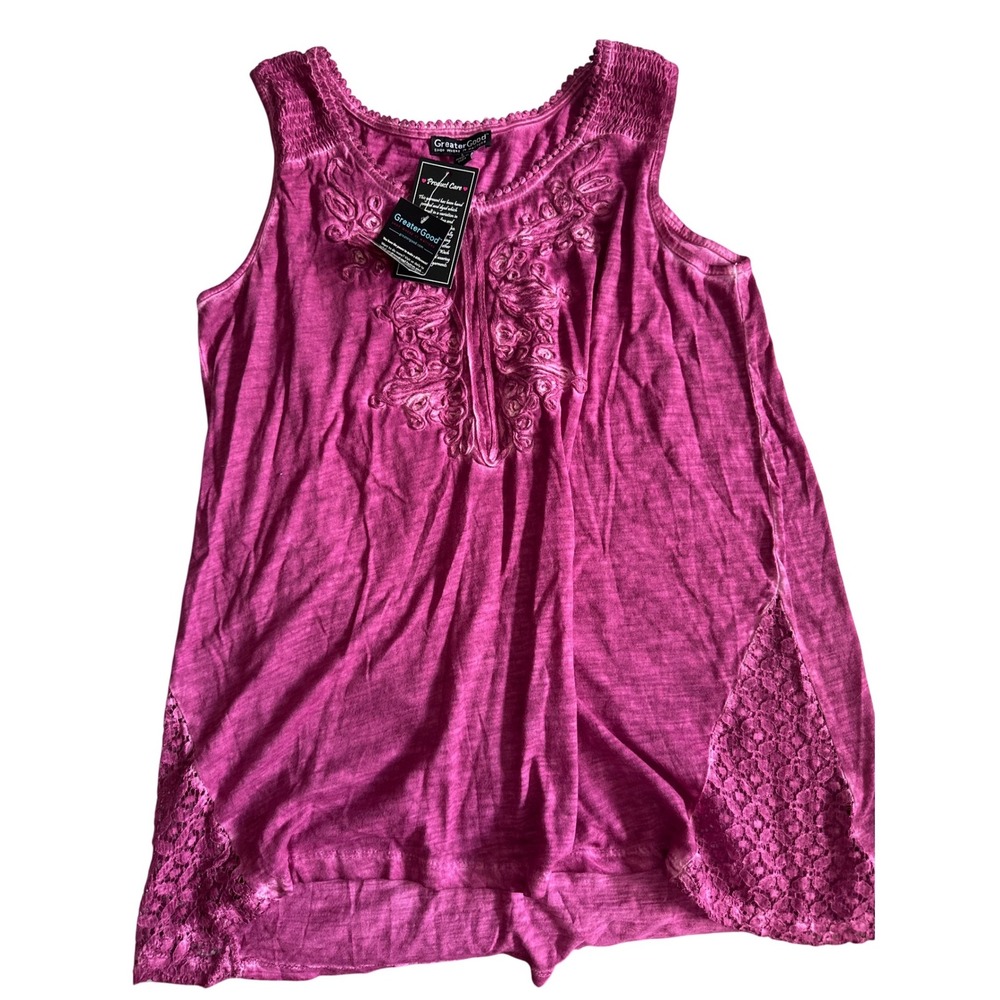 GreaterGood Womens Magenta Pink Embroidered Lace Sleeveless Boho Tank Top Large